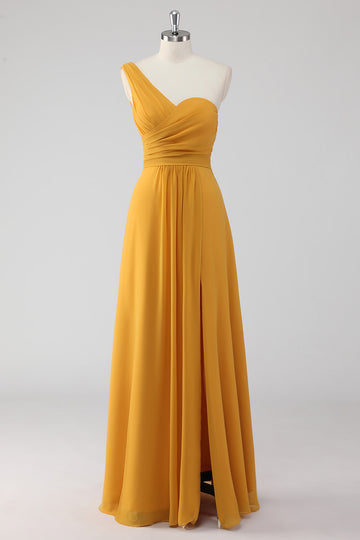 Yellow One Shoulder Ruched Long Bridesmaid Dress with Slit